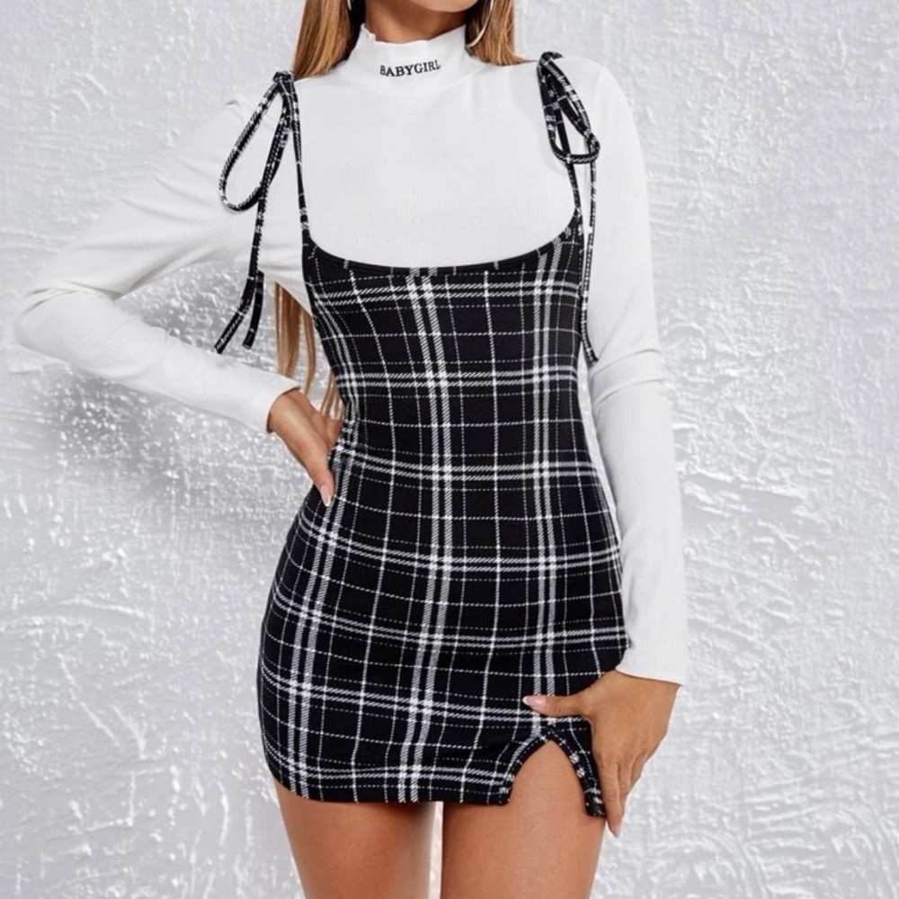 Knot Shoulder Plaid Overall Dress